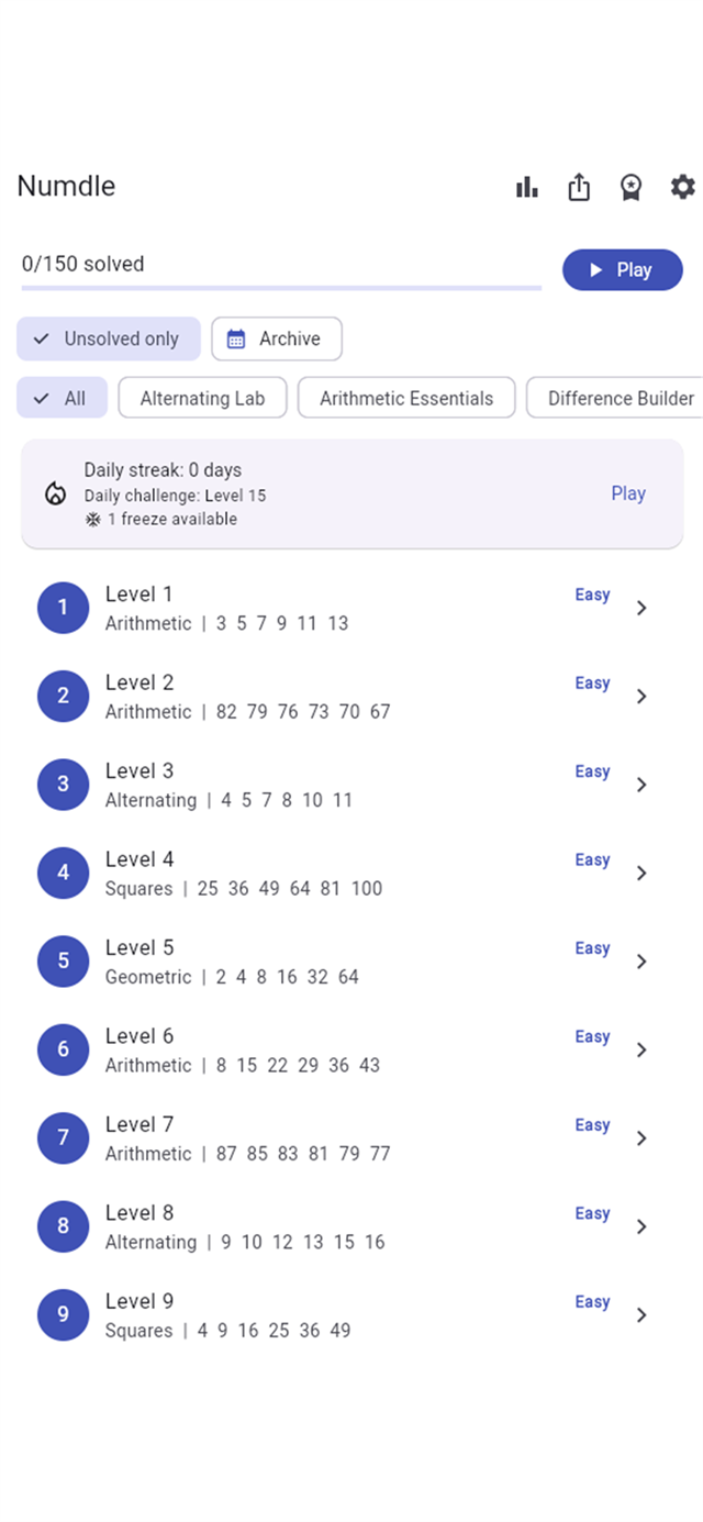 Numdle level packs screen